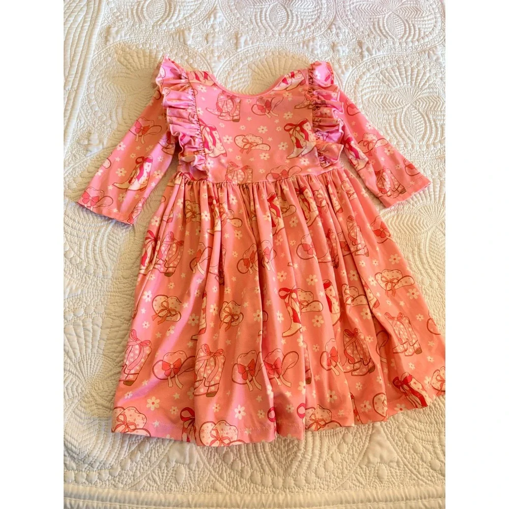 Mila & Rose Girl's Bamboo 3/4 Sleeve Twirl Dress Cowgirl Print with Pockets
